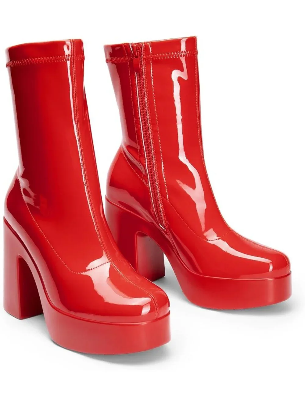 Women's Red-pat High Chunky Block Heel Square Toe Platform Gogo Ankle Boots
